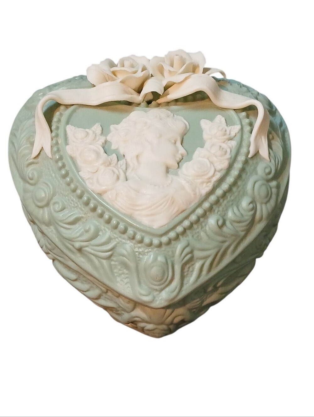 Vintage Ceramic & Faux Ivory Roses & Ladies Bust Jewelry Box Shaped Like A Heart